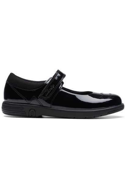 Clarks Jazzy Jig Kid black patent school shoe