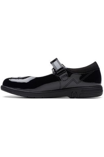 Clarks Jazzy Jig Kid black patent school shoe