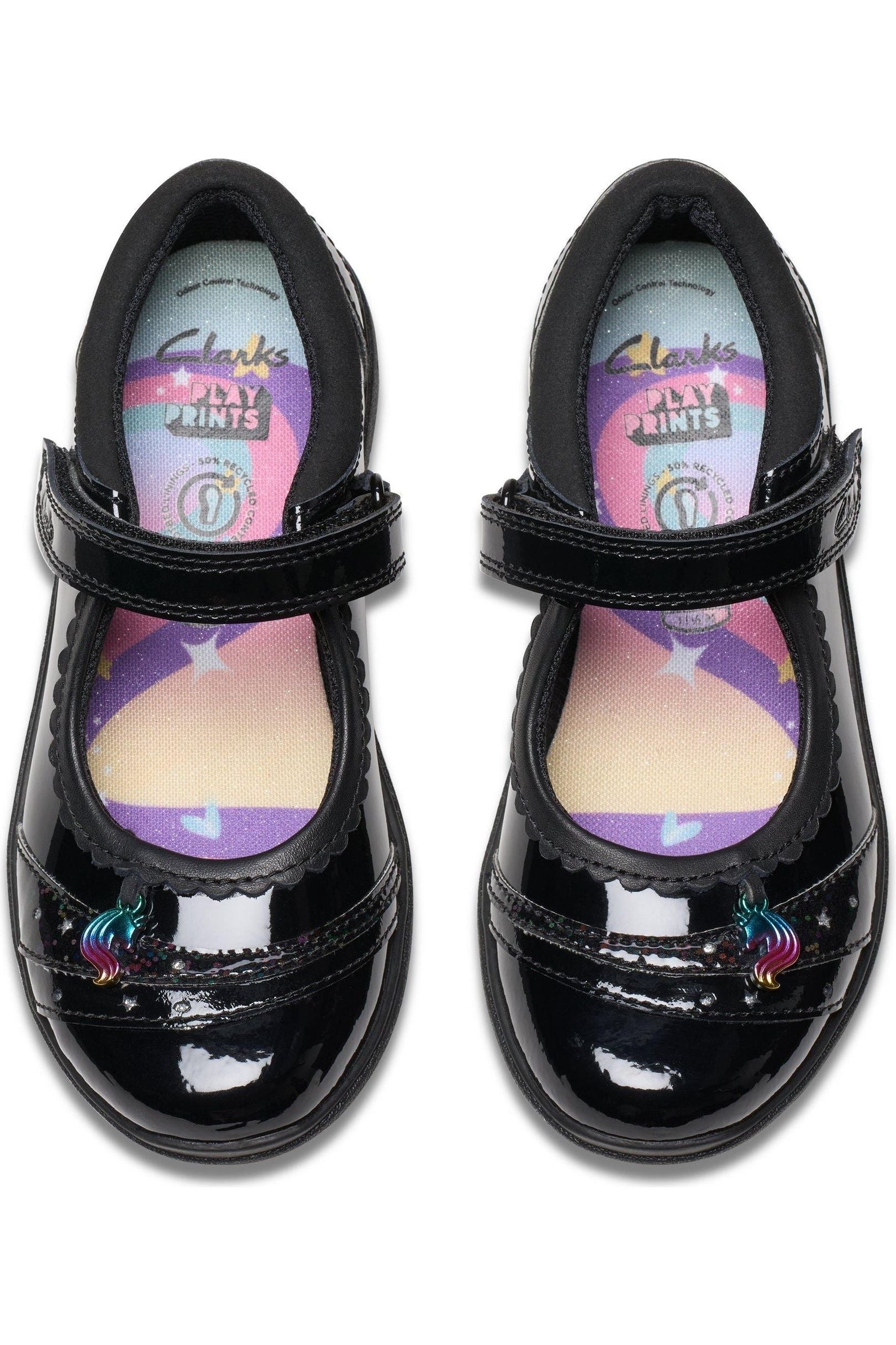 Clarks Relda Spark black patent school shoe
