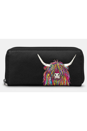 Yoshi Black Rainbow Highland Cow Zip Around Purse