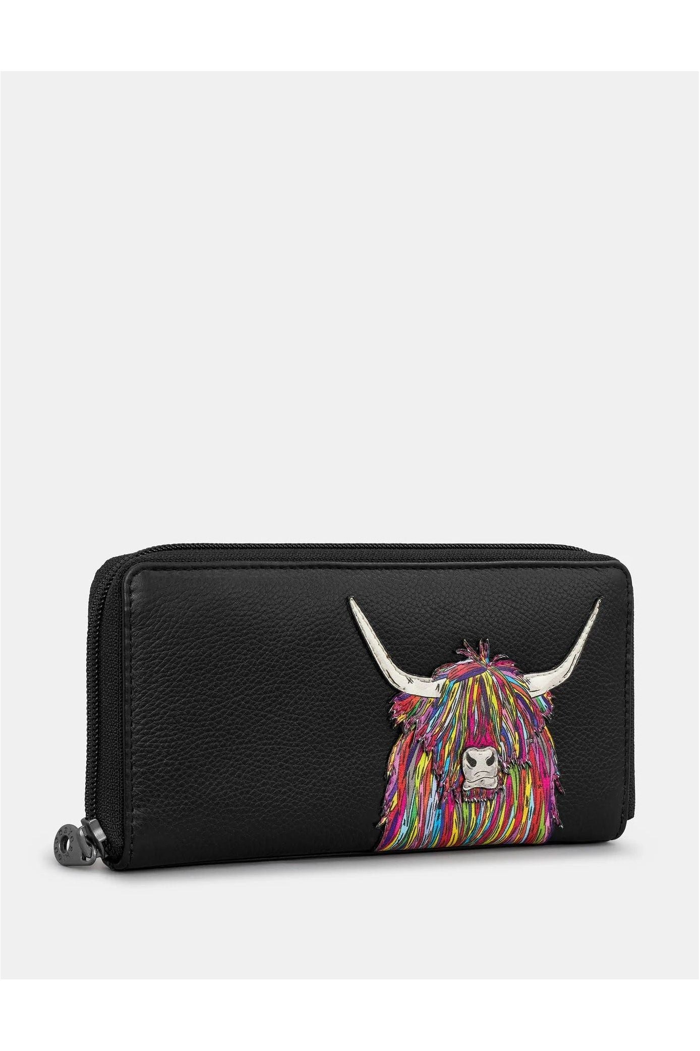 Yoshi Black Rainbow Highland Cow Zip Around Purse