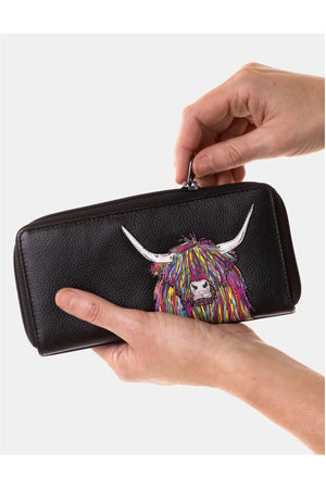 Yoshi Black Rainbow Highland Cow Zip Around Purse