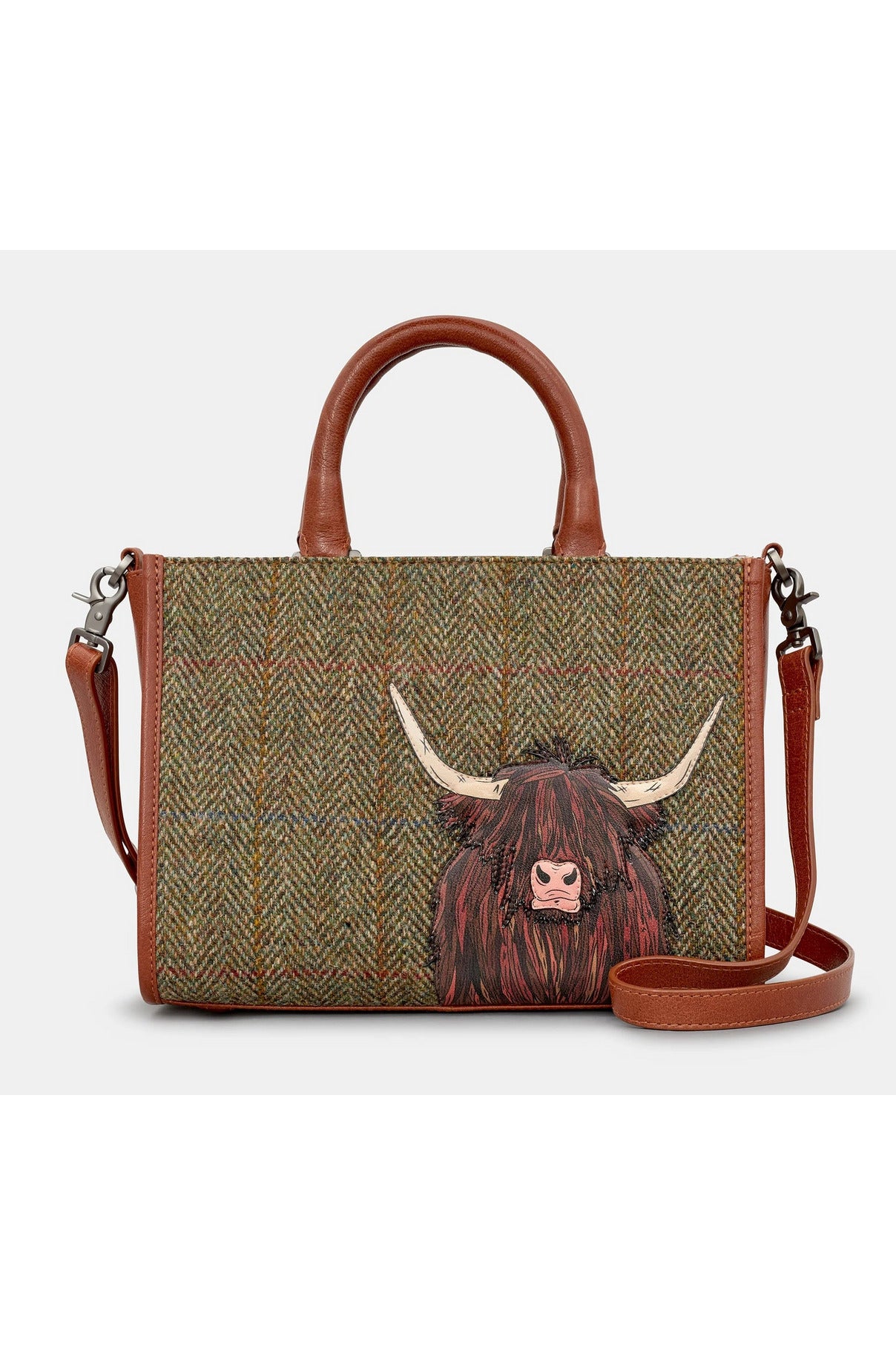 Yoshi Handbag Highland Cow Multiway Grab Bag in brown tweed